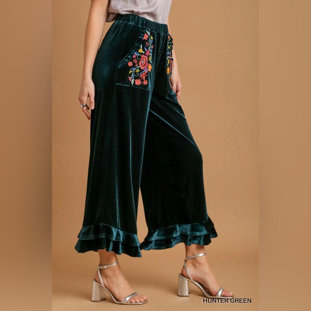 Hunter Green Velvet Wide-Leg Pants with Embroidered Pockets